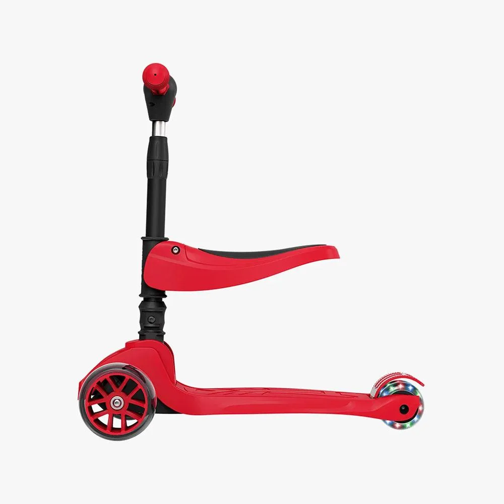 Three-wheeled kids' scooter with foldable seat, adjustable handlebar, and LED light-up wheels