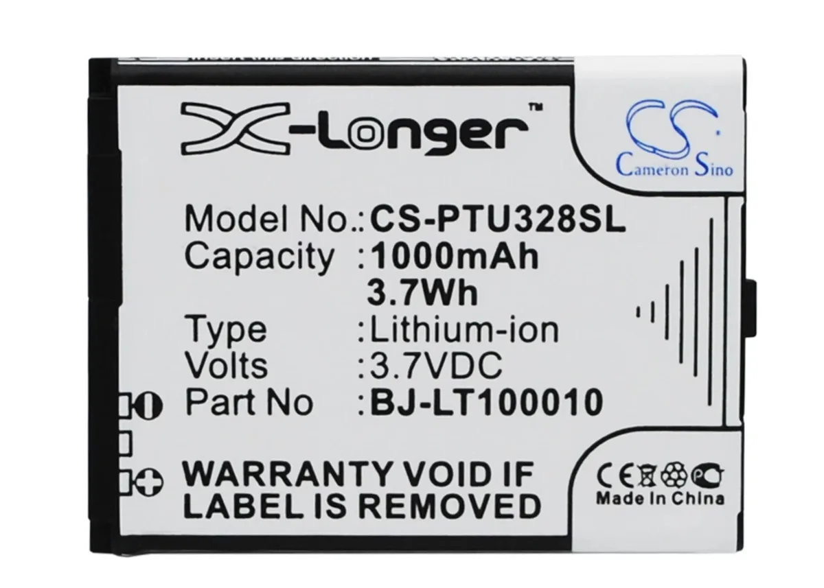Rectangular replacement battery with black plastic casing and gold contacts