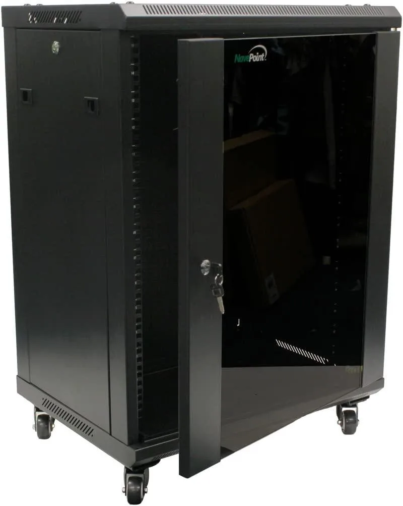 Black powder-coated steel 15U wall-mount server rack with lockable glass door, removable side panels, two built-in fans and casters