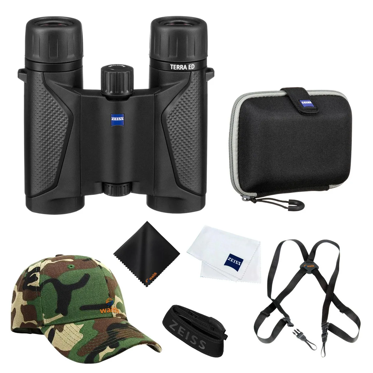 Zeiss Sports Optic Zeiss Sports Optic Terra ED 10x25 Pocket Binocular Bundle (Black) with Harness, Camo Hat &amp; Cleaning Cloth — product photo