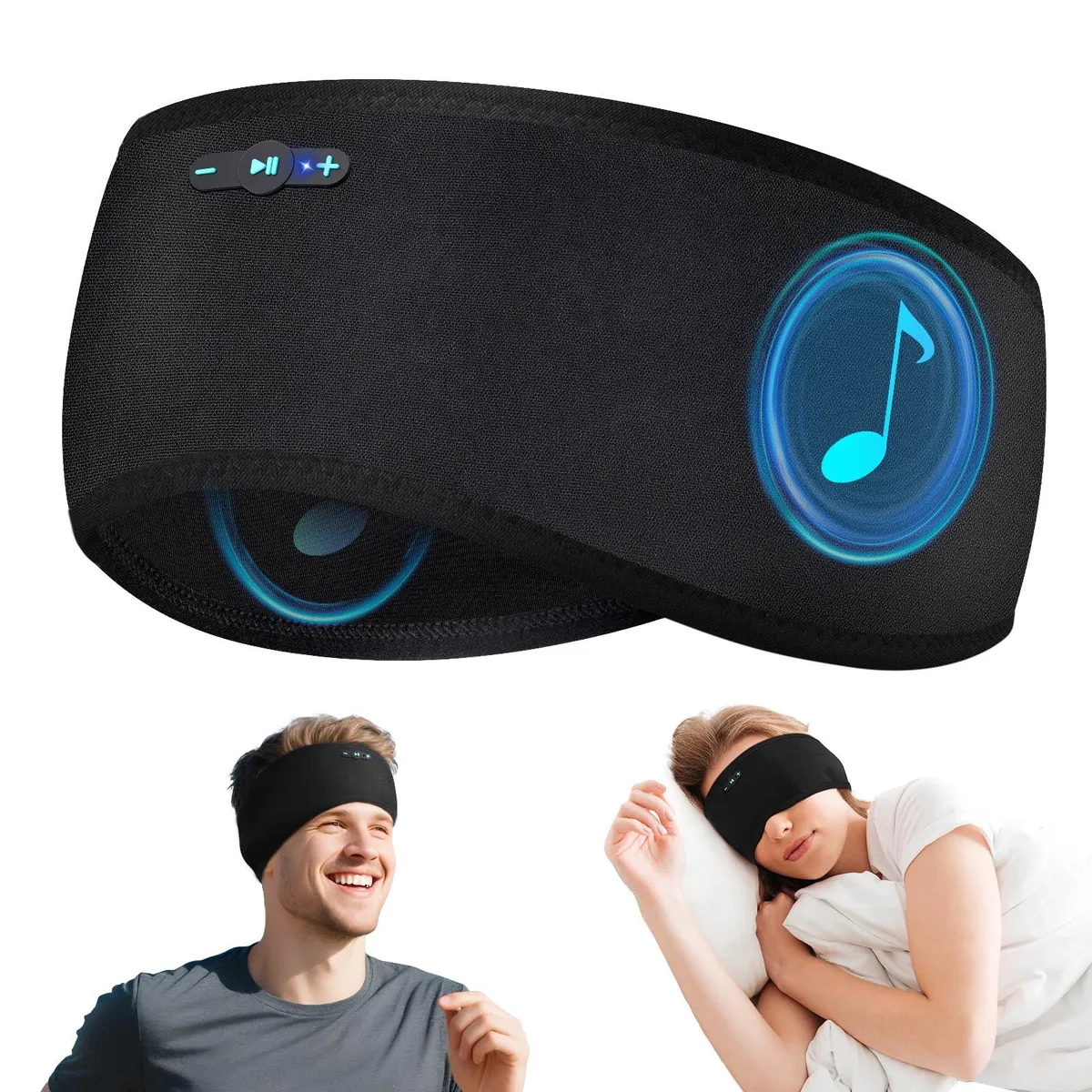 Black fabric headband with integrated flat speakers and removable Bluetooth module