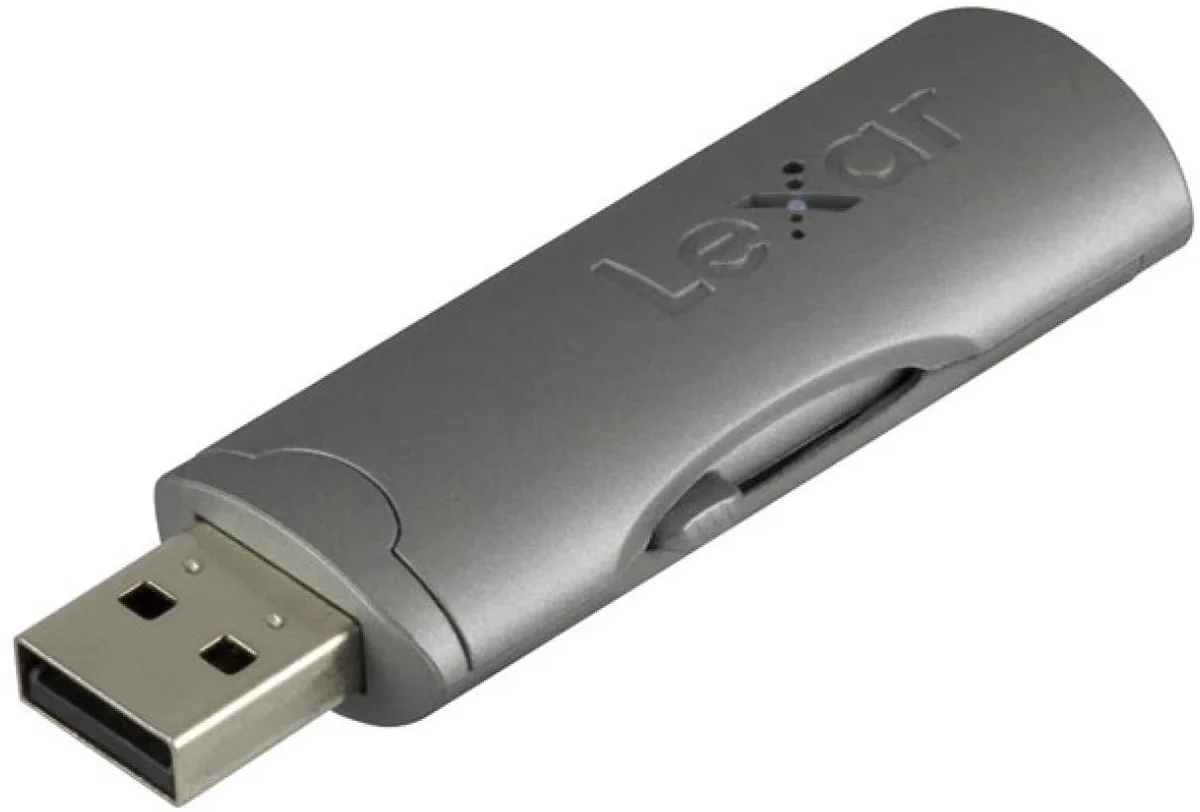 Silver rectangular USB flash drive with a sliding connector, compact and lightweight