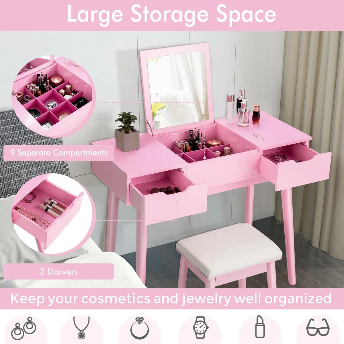 Pink vanity table with flip mirror, two drawers, matching cushioned stool
