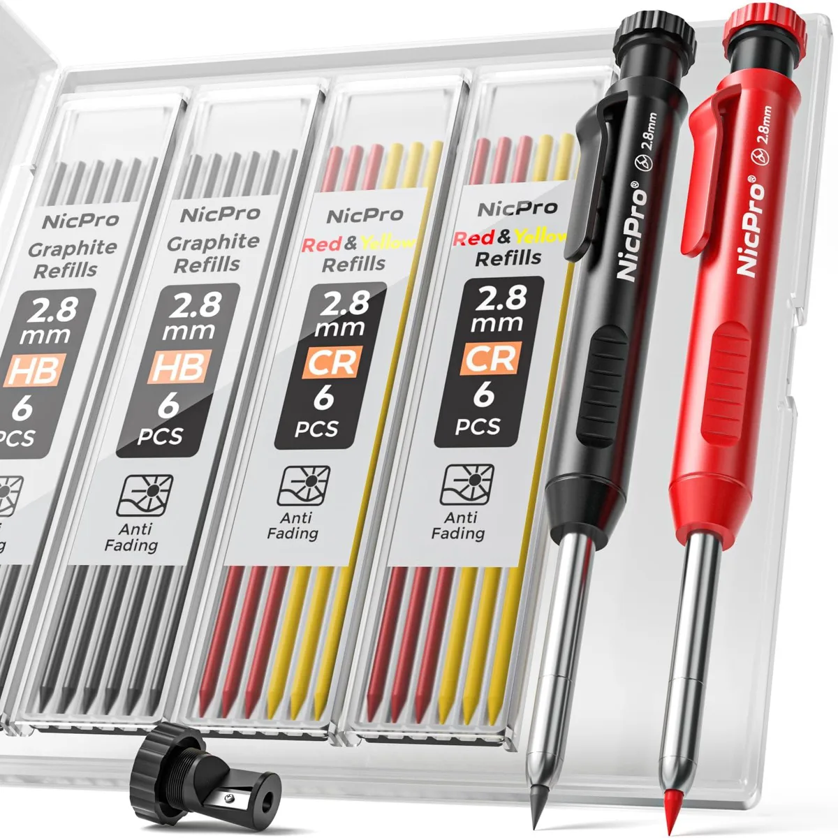 Black and red mechanical carpenter pencil set with 26 refills and built-in sharpener