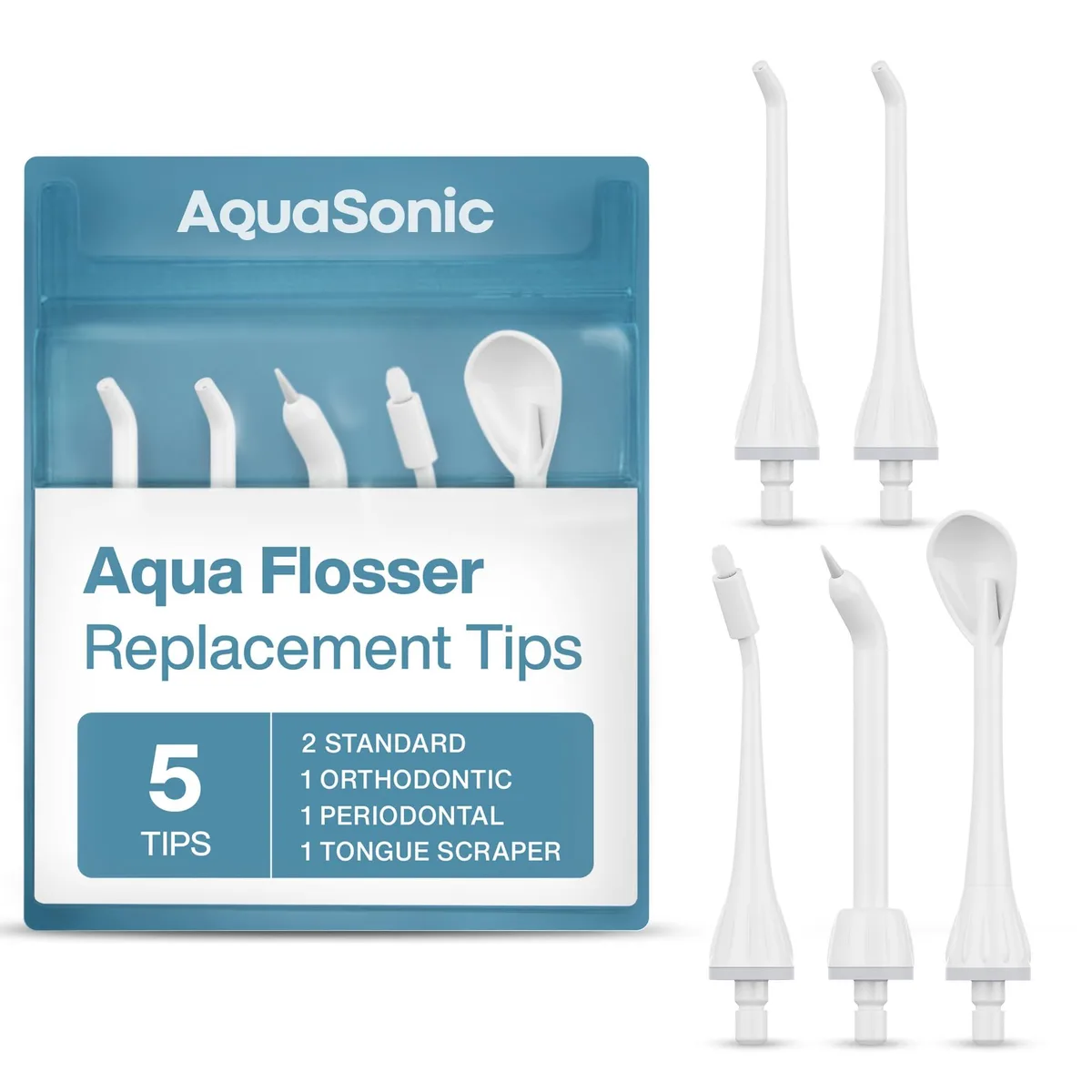 Five white water flosser tips in clear packaging