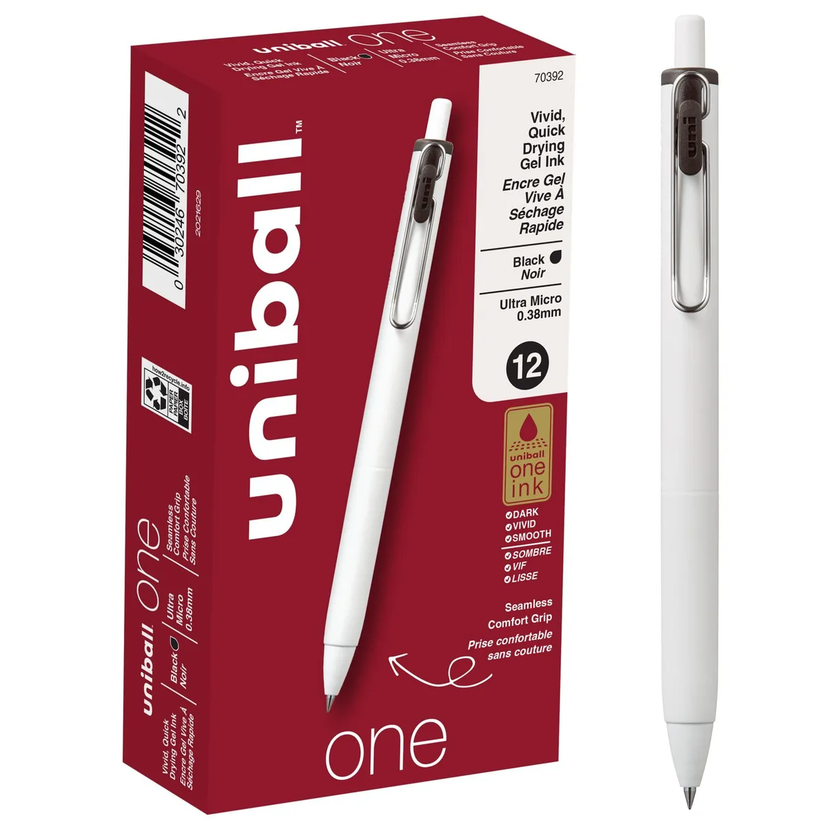 A white plastic box holding twelve black gel pens with fine tips