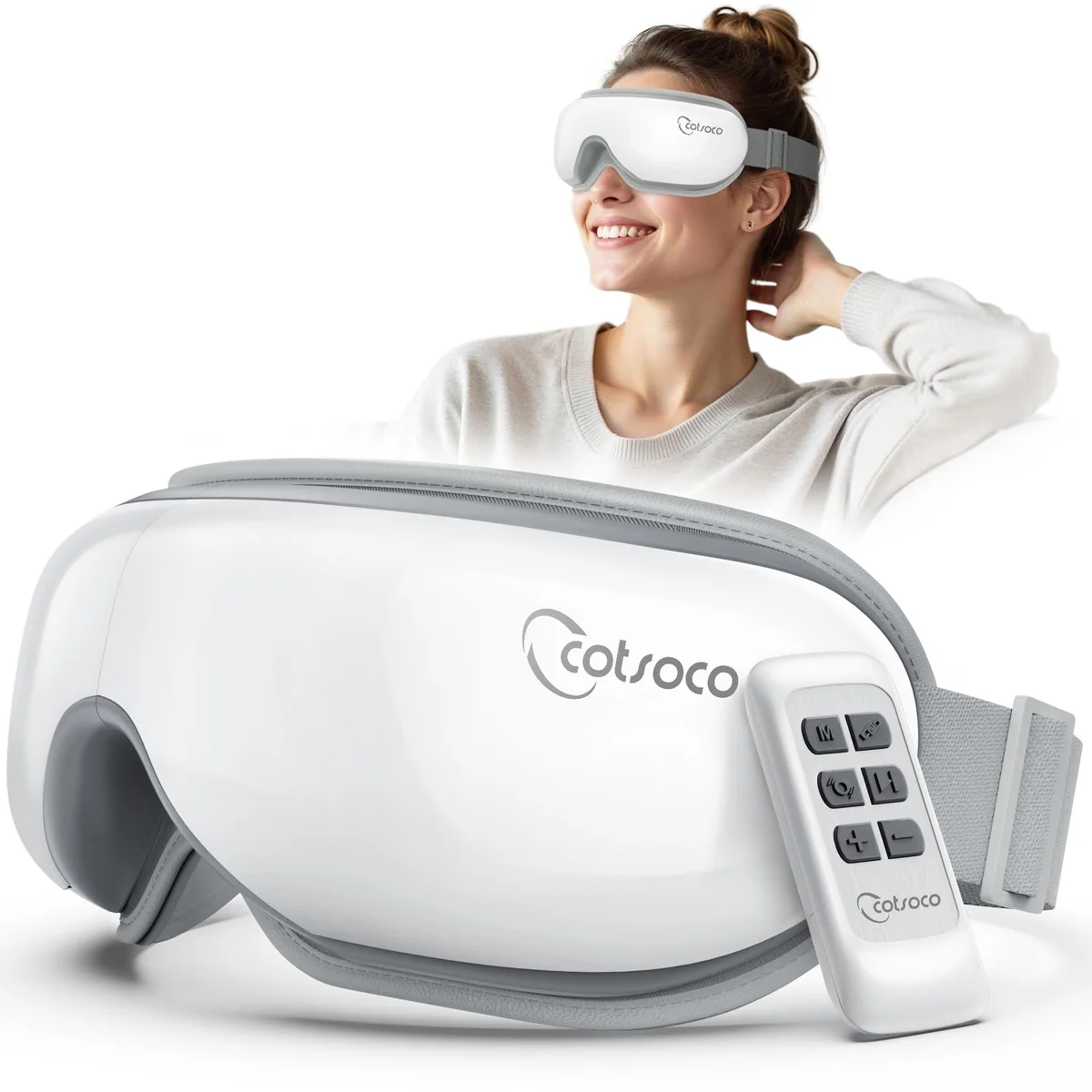 Cream foldable eye massager with remote, 15.23 by 5.9 by 3.85 inches