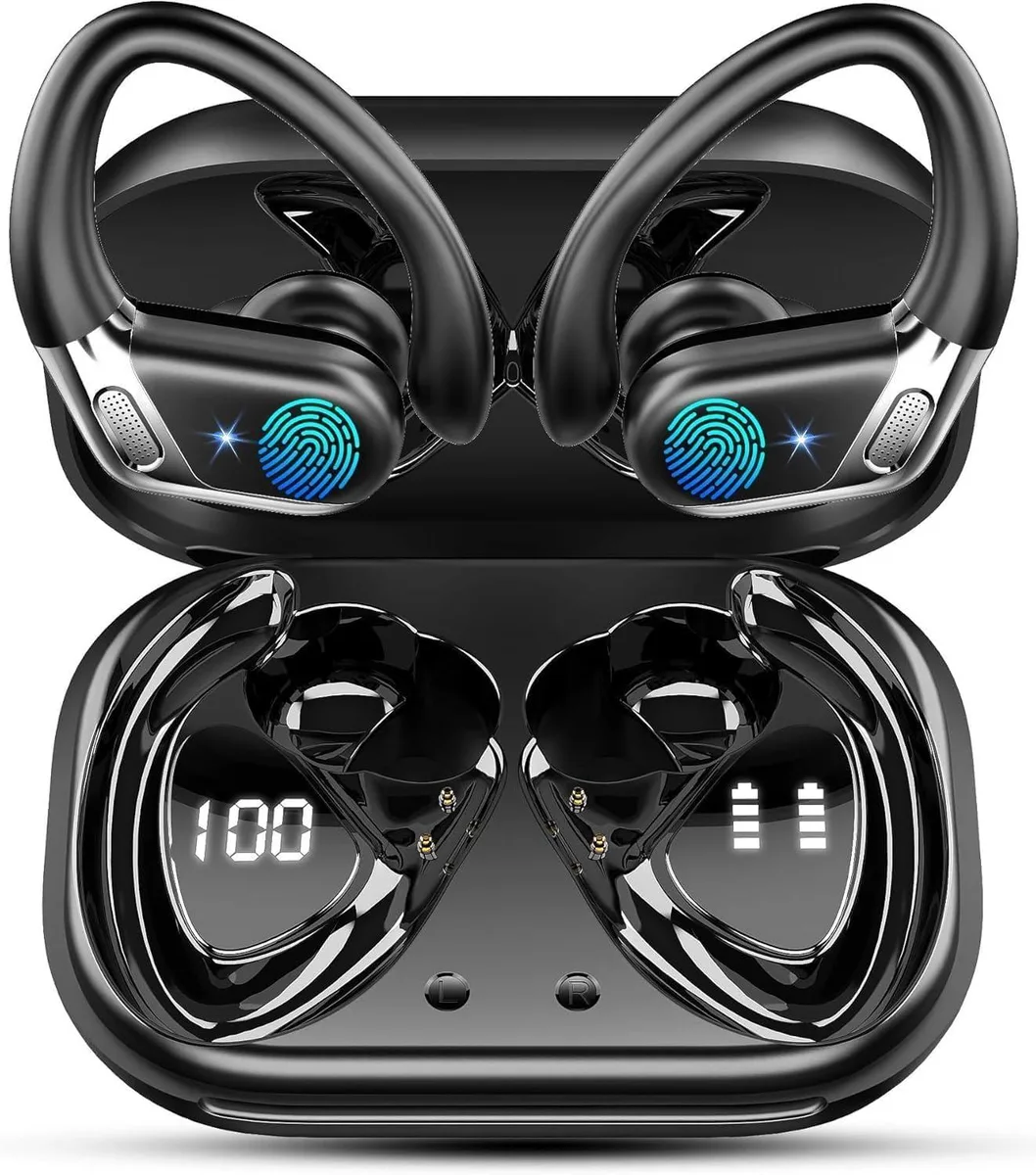 Black wireless earbuds with ear hooks in charging case