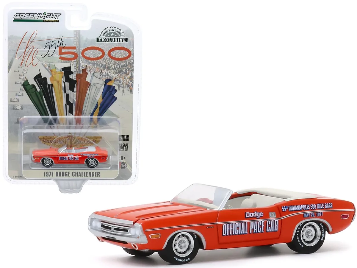 GREENLIGHT GREENLIGHT 1971 Dodge Challenger Convertible Pace Car Orange 55th Indy 500 Hobby Exclusive 1/64 vehicle — product photo