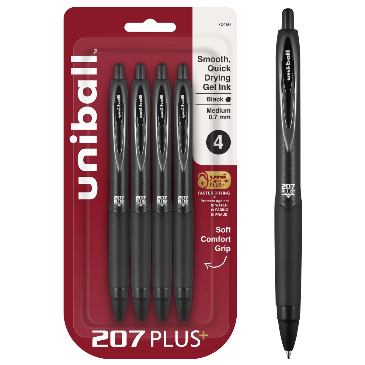 Four black retractable gel pens with rubber grips in plastic packaging