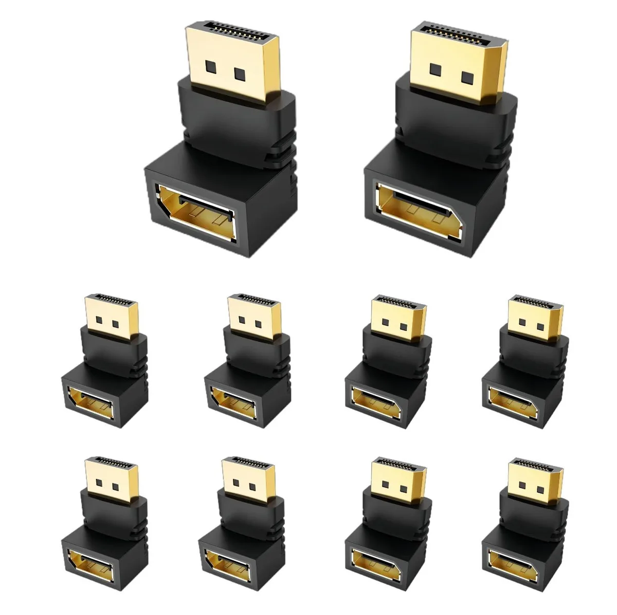 Ten short DisplayPort adapters, five right-angle and five left-angle, black PVC bodies with gold contacts