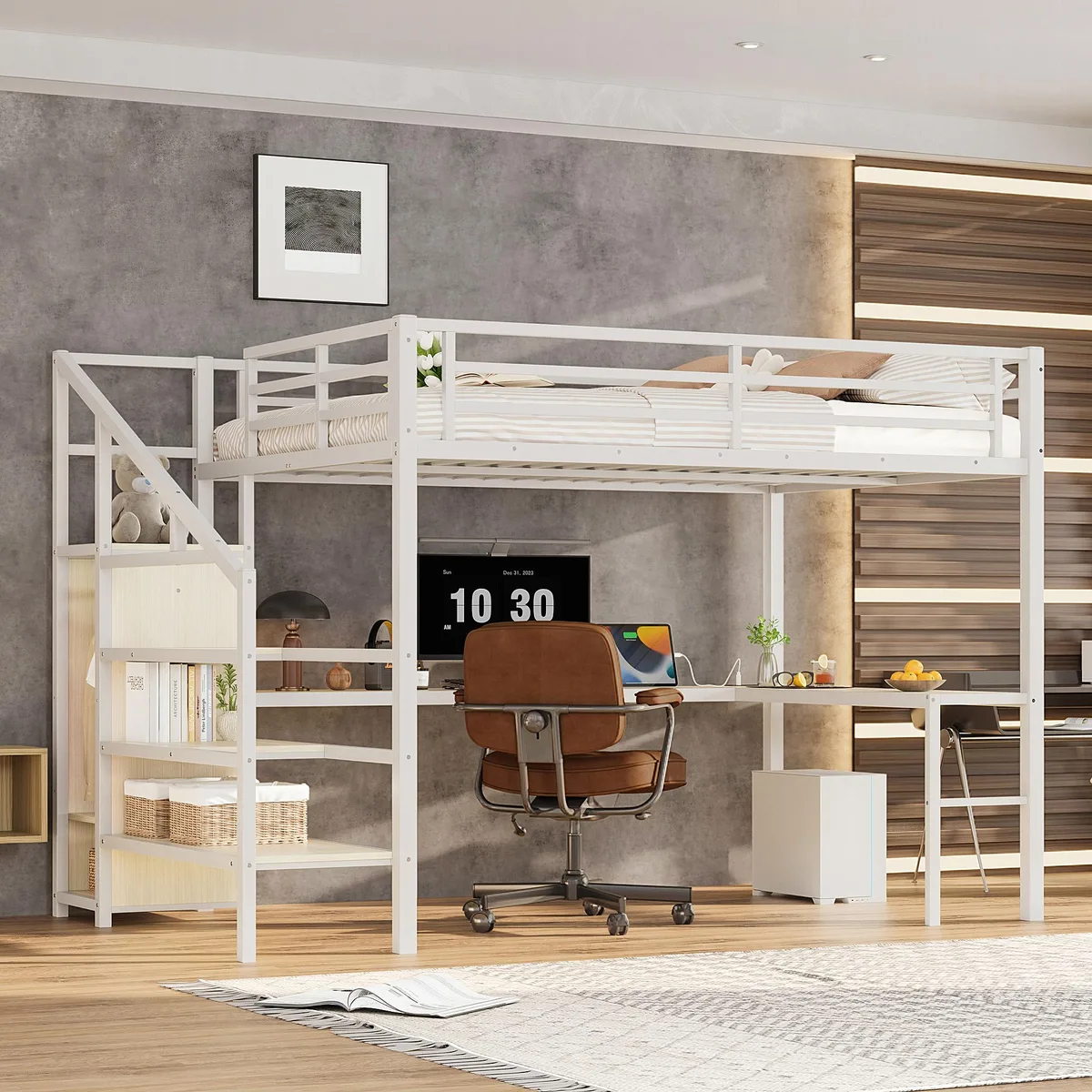 White wood-grain metal loft bed with L-shaped desk, wardrobe, stairs, USB and LED lighting