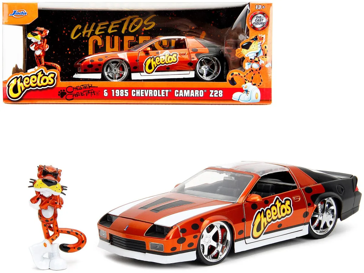 Jada Jada 1985 Chevrolet Camaro Z/28 Orange Metallic Cheetos 1/24 Diecast Car with Chester Cheetah Figure — product photo