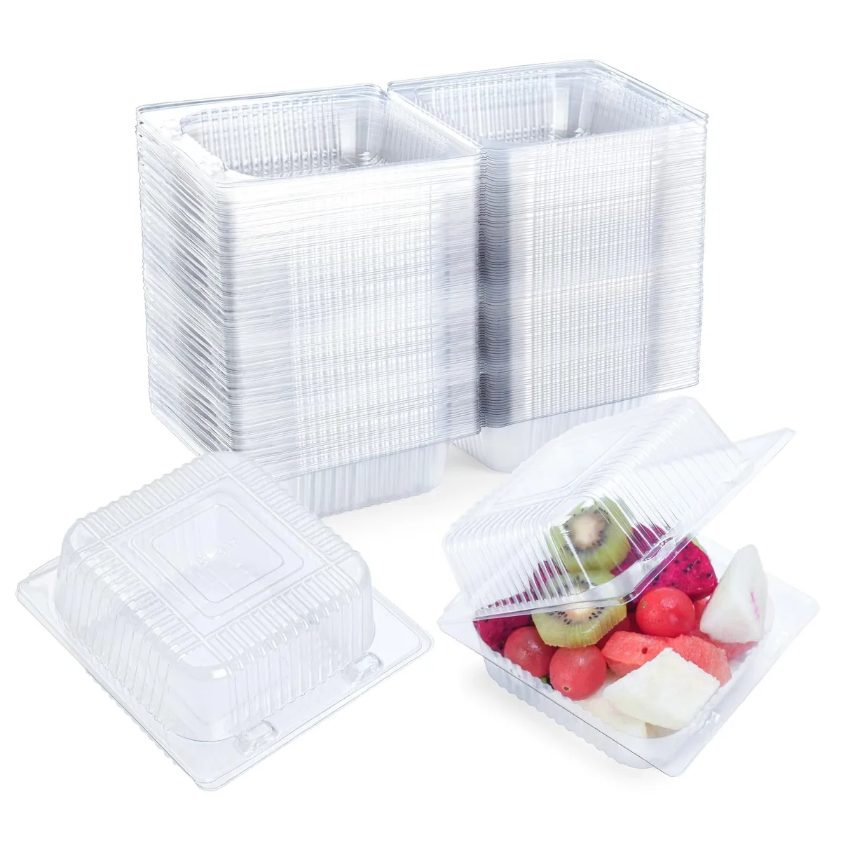 Stack of 100 clear hinged clamshell containers 5.3 x 4.7 x 2.75 in