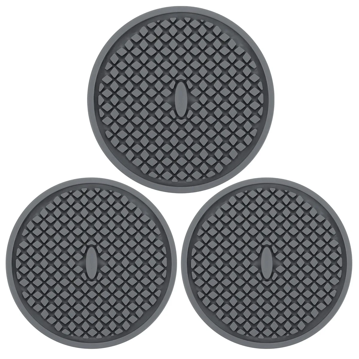 Three dark-grey round silicone coasters 4.06 in diameter 0.25 in thick with deep grooved tray design