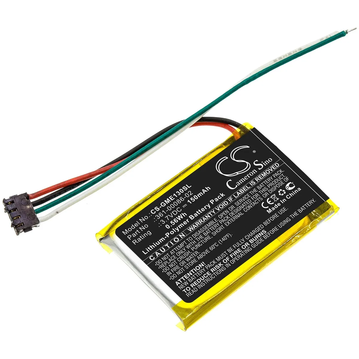 Small rectangular replacement battery with black plastic casing and gold contacts