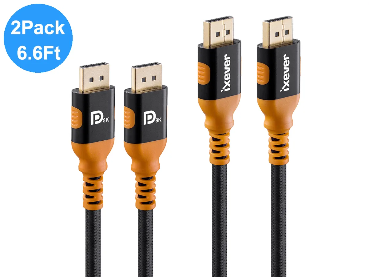 iXever iXever DisplayPort 1.4 cable 6.6 ft 2-pack 8K 60Hz 4K 144Hz 32.4 Gbit/s — product photo