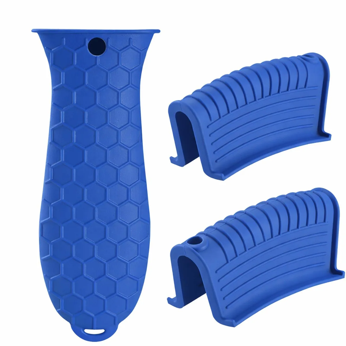 Three blue silicone pan handle covers, one large and two small, with honeycomb texture and hanging holes