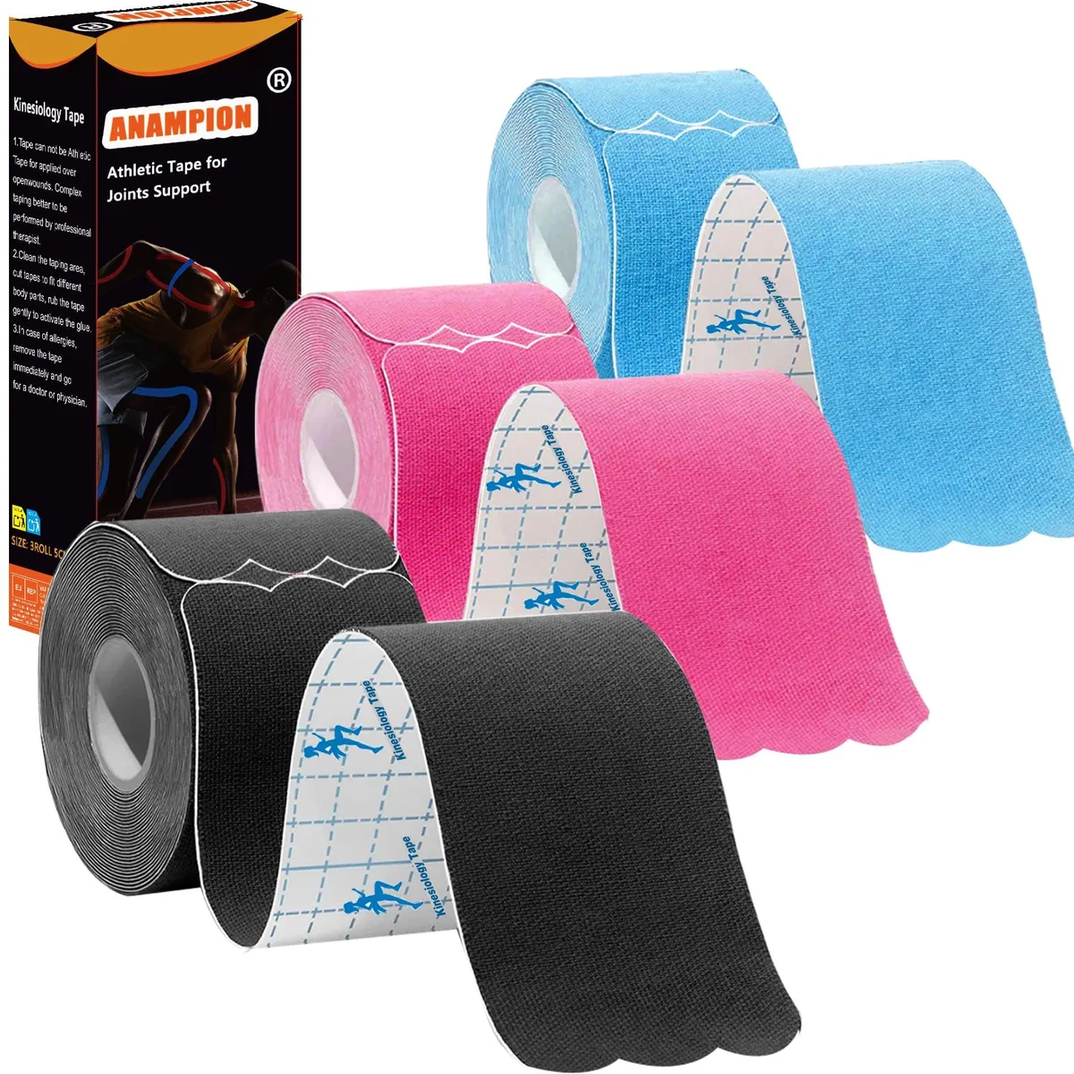  ANAMPION Kinesiology Tape Precut Strips Pro Athletic 3 Rolls 60 Strips Cotton Waterproof Black — product photo