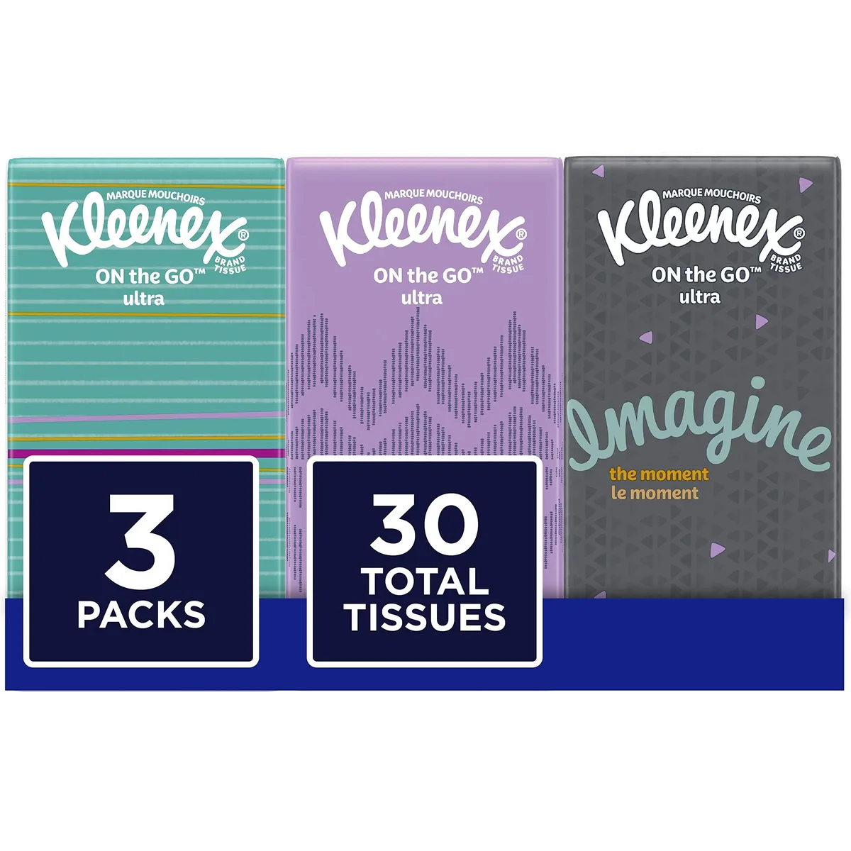 Three white rectangular tissue packs side by side