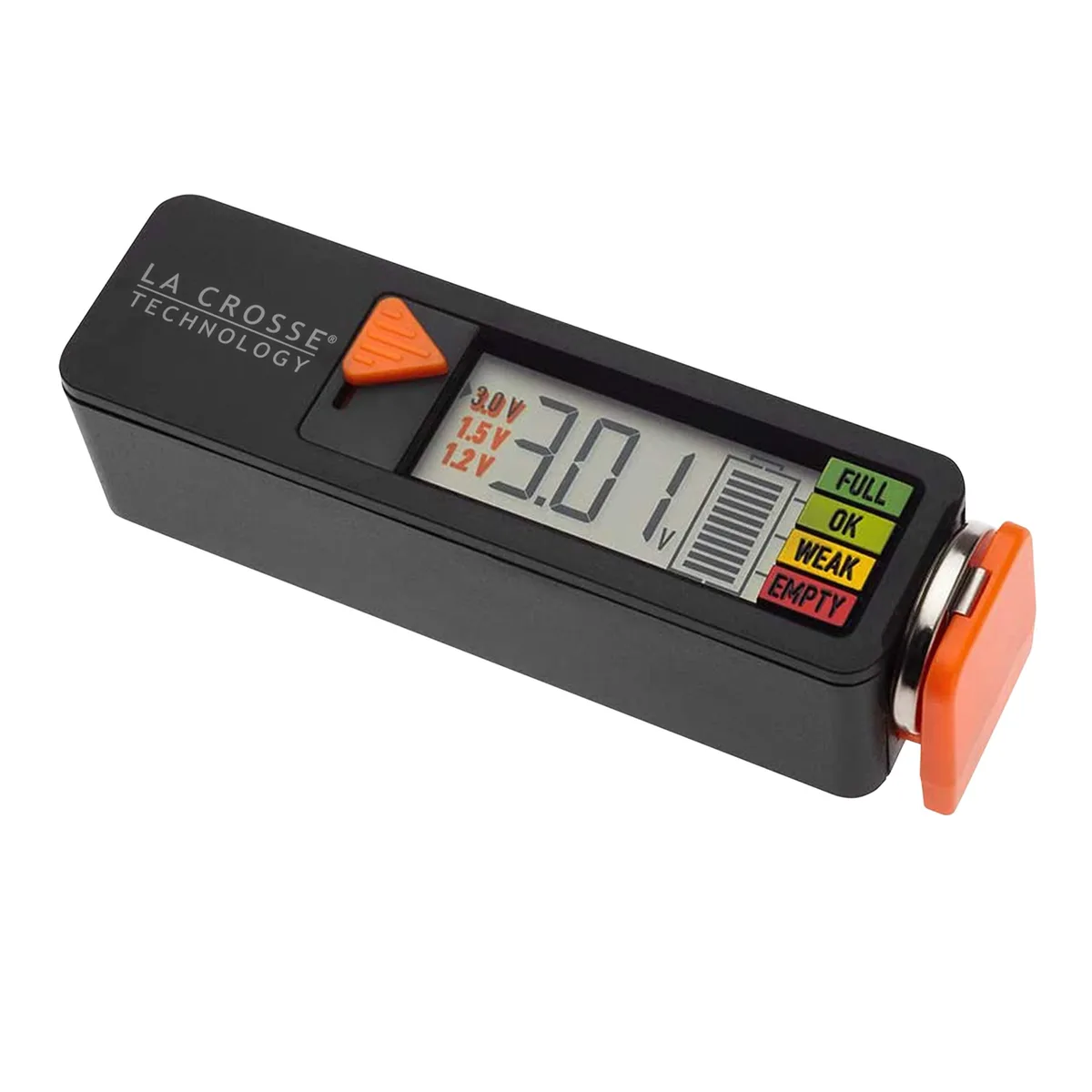 Black rectangular digital battery tester with orange sliding tray and side contacts