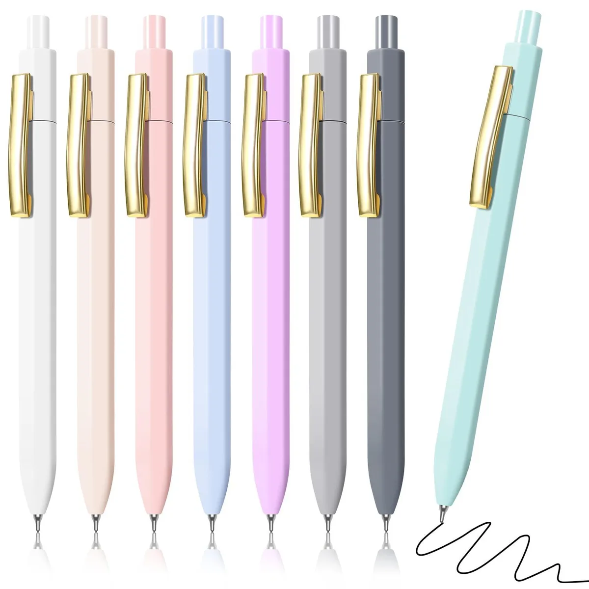 Eight blue leather ballpoint pens with gold clips