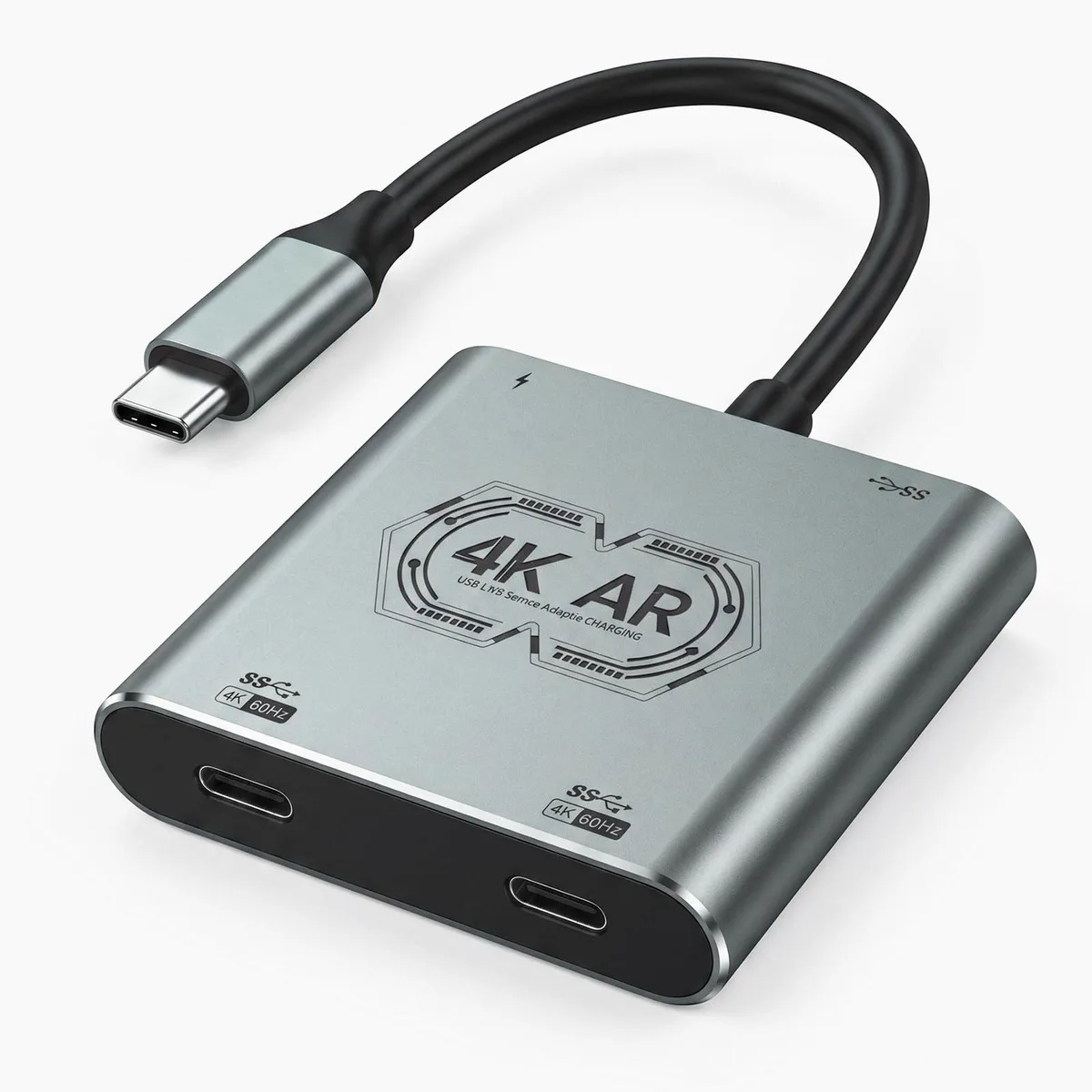 Silver aluminum 4-in-1 USB-C hub with dual ports, 13 by 11 by 2 cm
