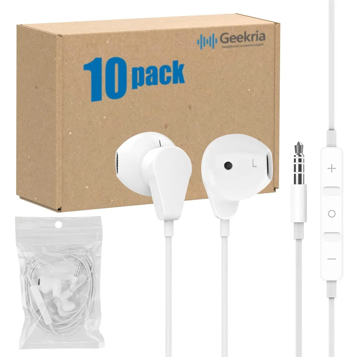 Geekria Geekria 3.5mm Wired Earphones with Microphone and Volume Control (10 Pack, White) — product photo