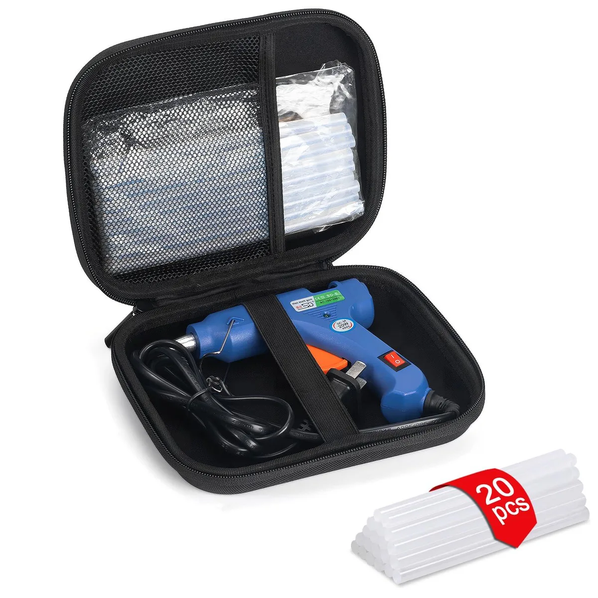 Compact 20 W glue gun with 20 sticks in hard EVA carry case