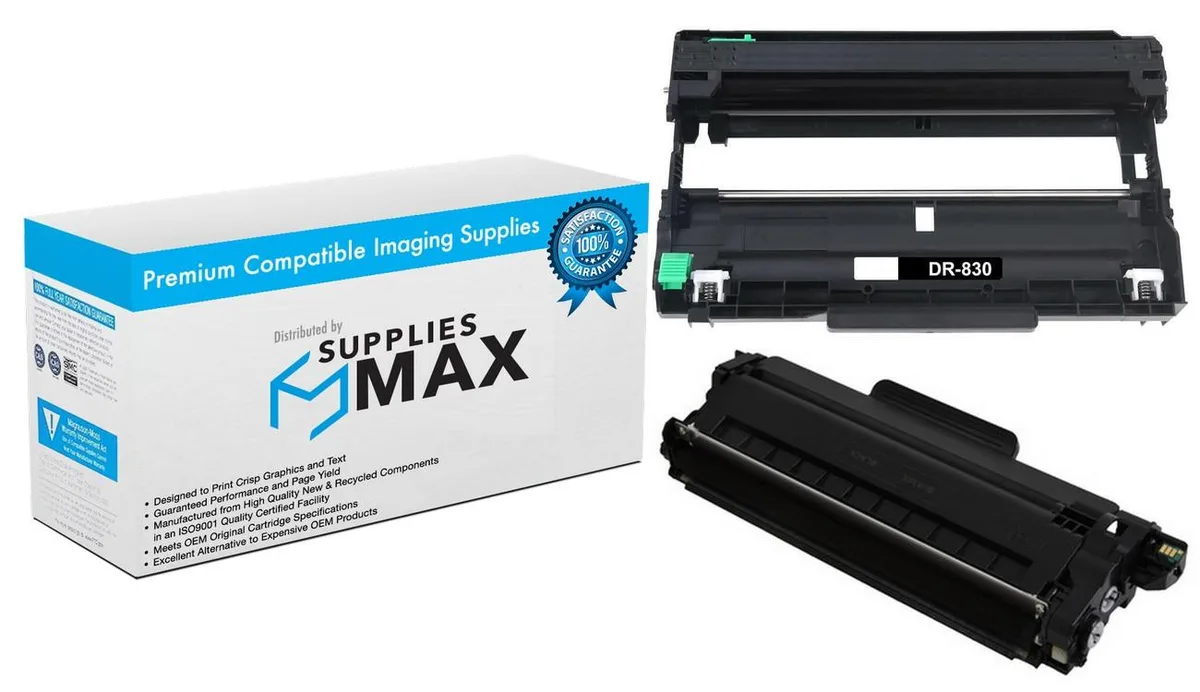 White box containing black toner cartridge and drum unit side by side
