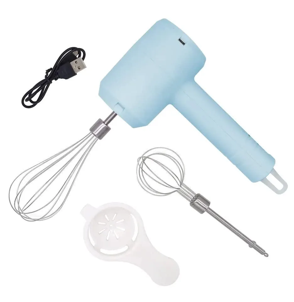 White USB-rechargeable hand mixer with two whisk attachments and egg white net