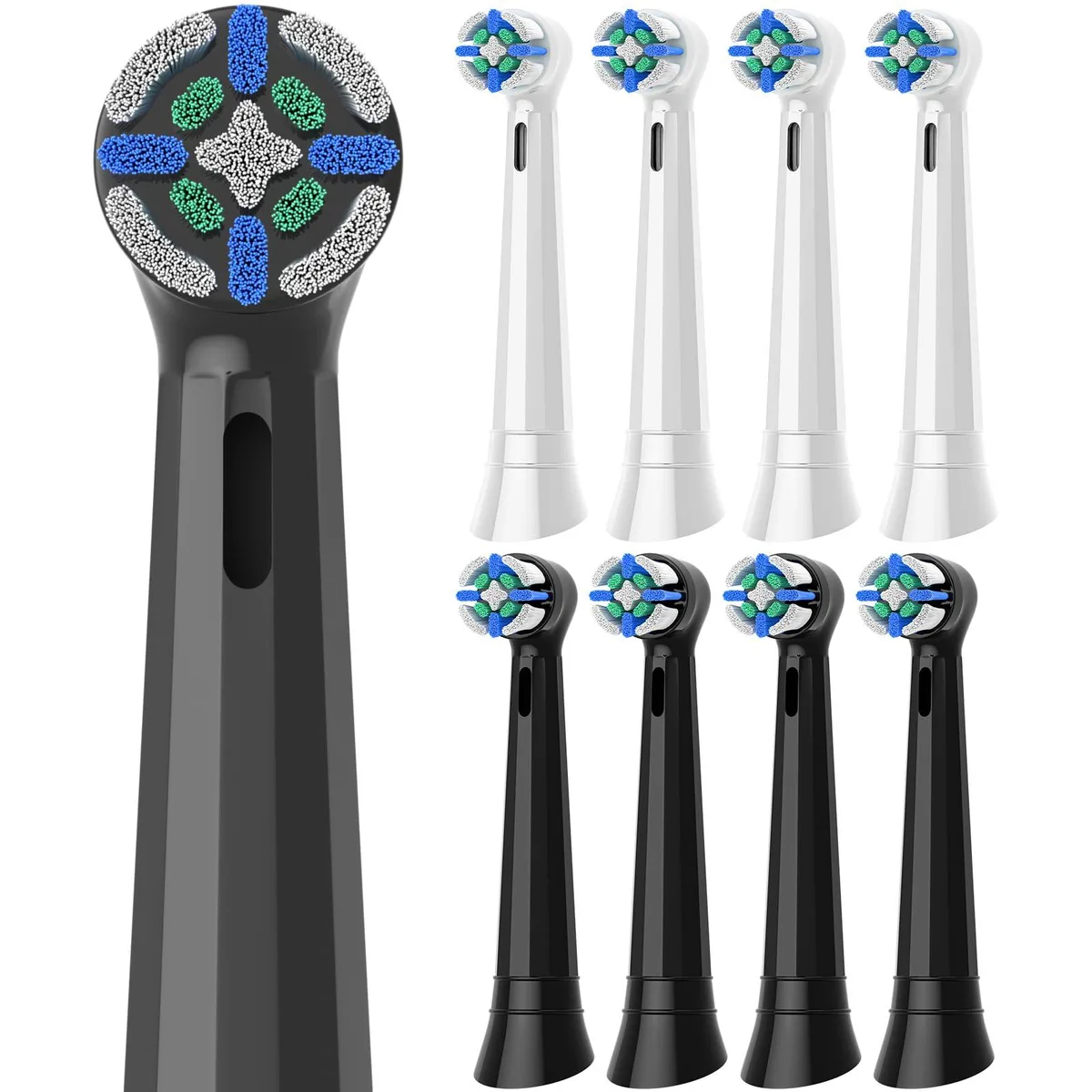 Eight red medium-bristle Oral B iO compatible brush heads in a pack