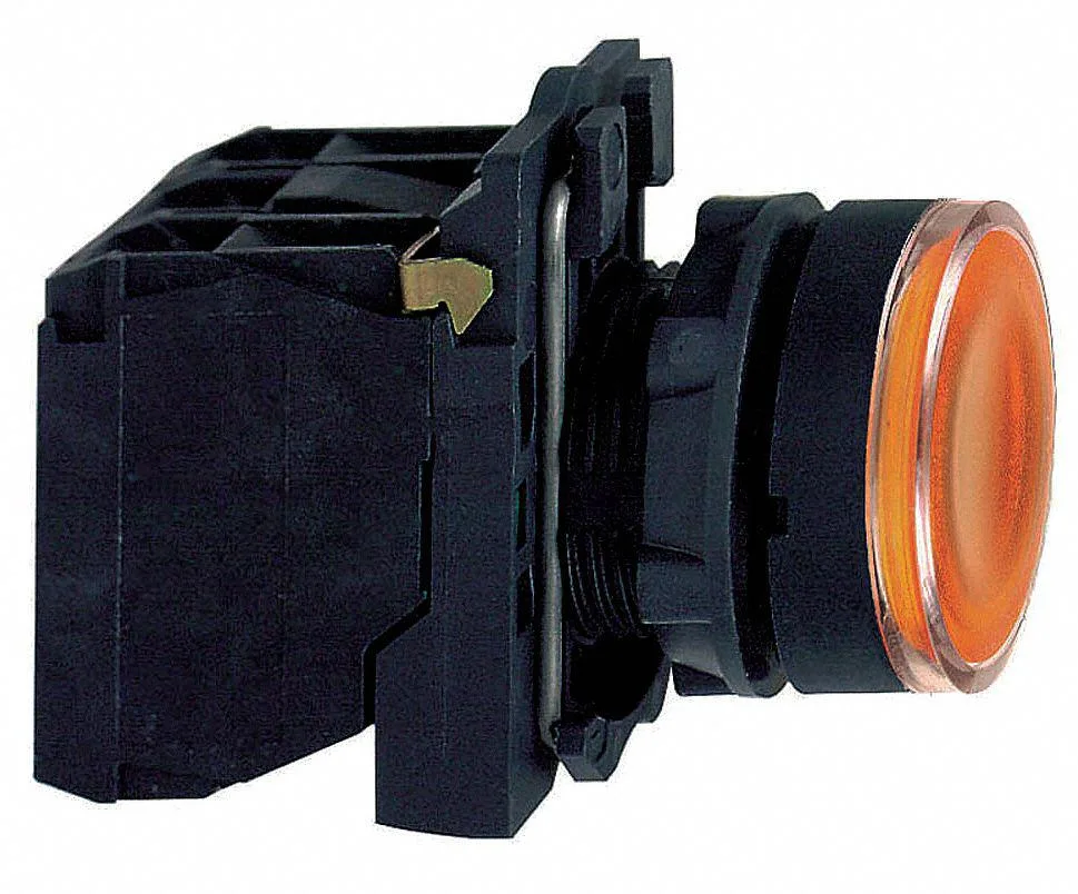Yellow illuminated push button, 22 mm flush head, plastic bezel