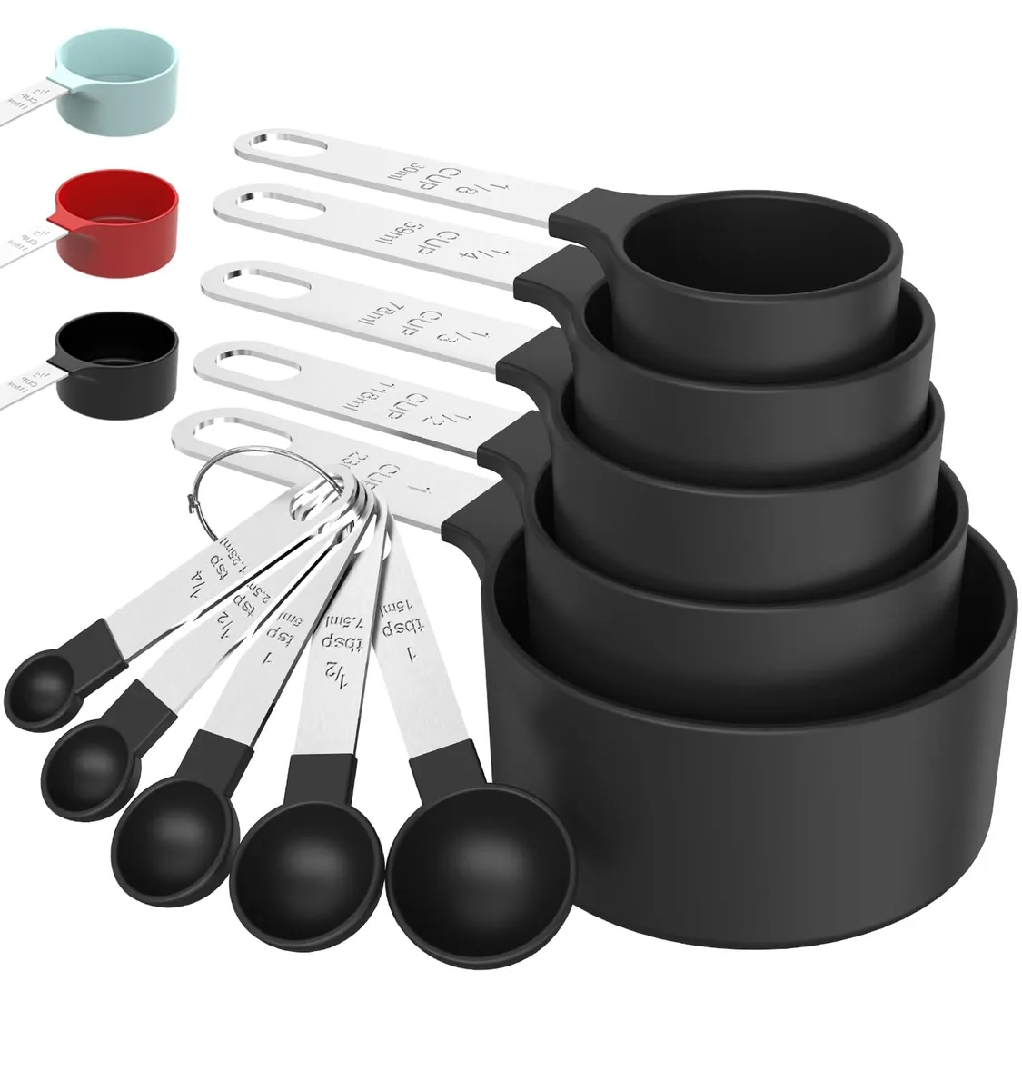 Black 10-piece measuring cup and spoon set with stainless steel handles