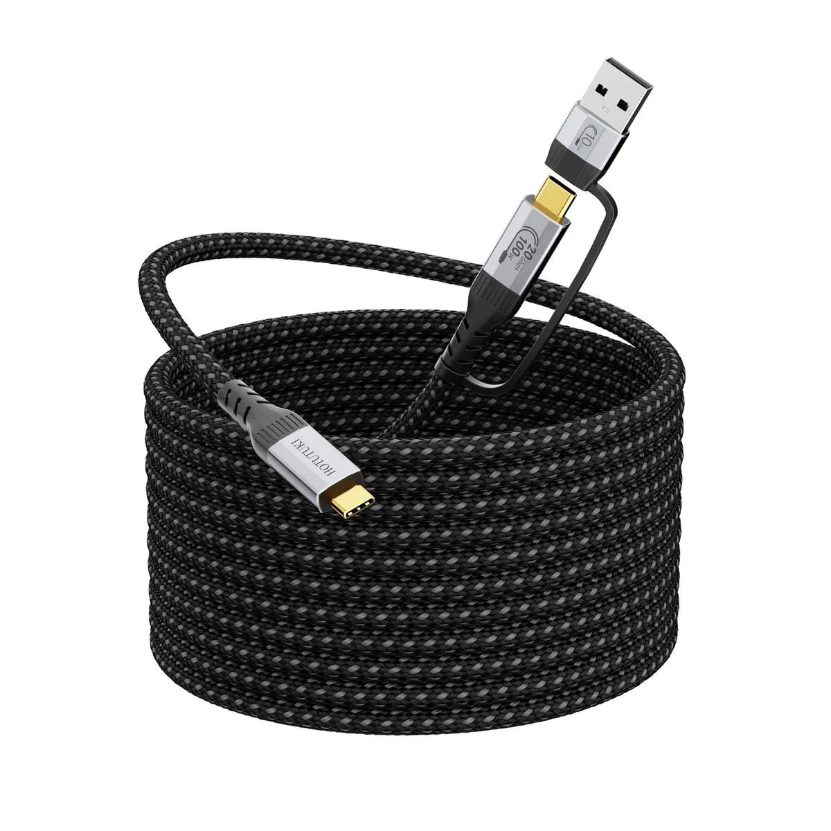 Long braided USB-C cable with detachable USB-A adapter, 16.5 ft