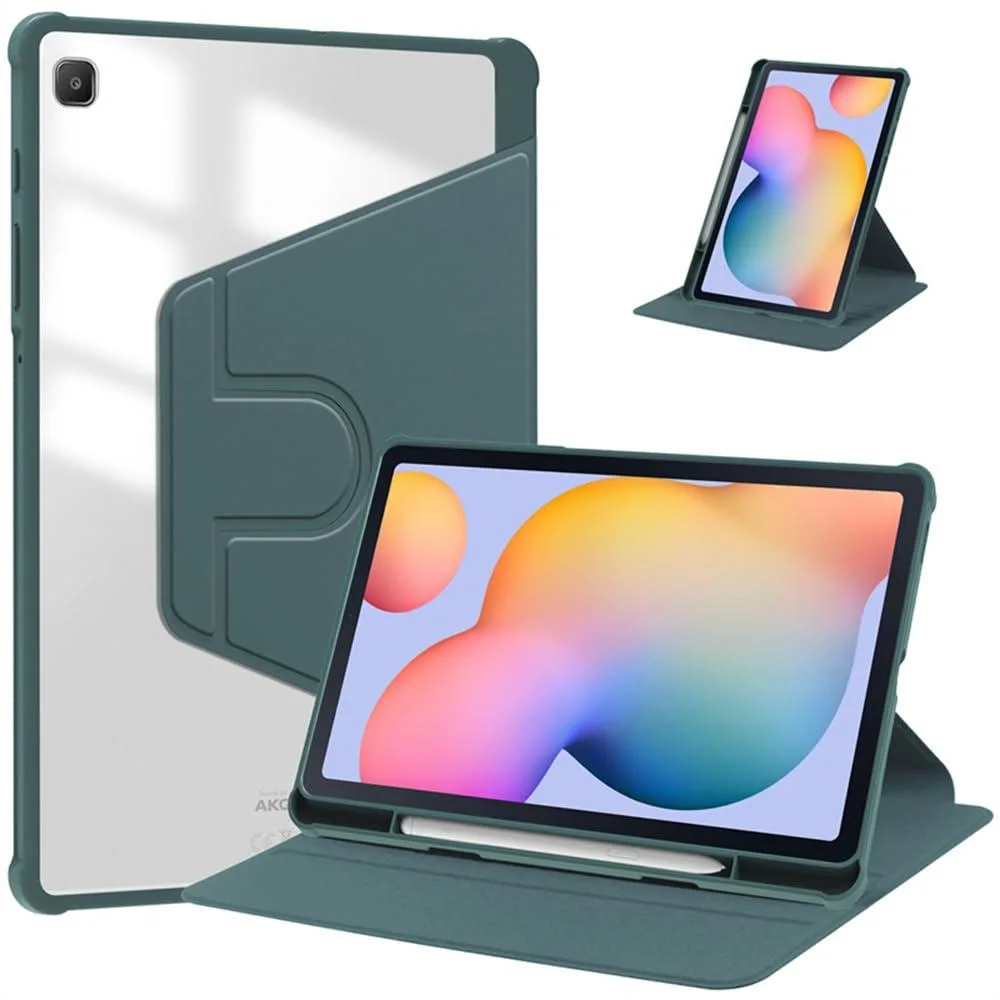 Green tablet case with clear hard back shell, PU leather edges, pencil slot and fold-out kickstand