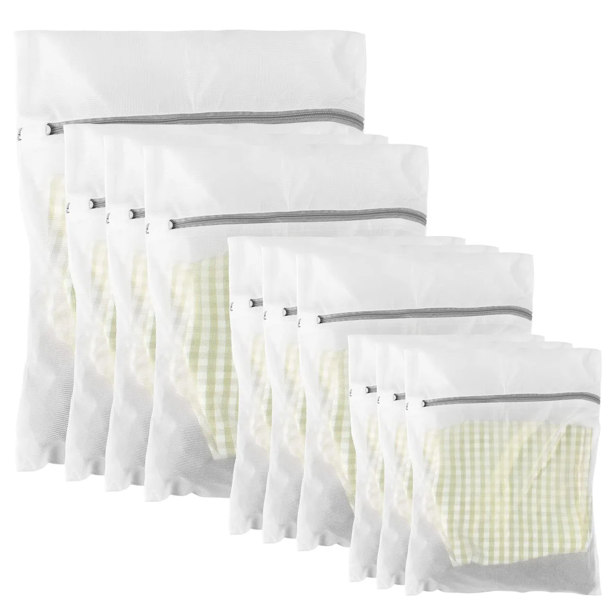 Ten white mesh laundry bags in four sizes with covered zippers and hanging straps