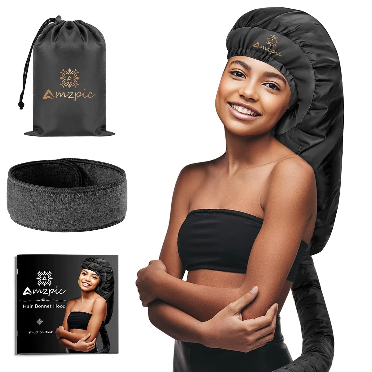 Black bonnet hood dryer, extended 28 inch size, soft fabric with headband included