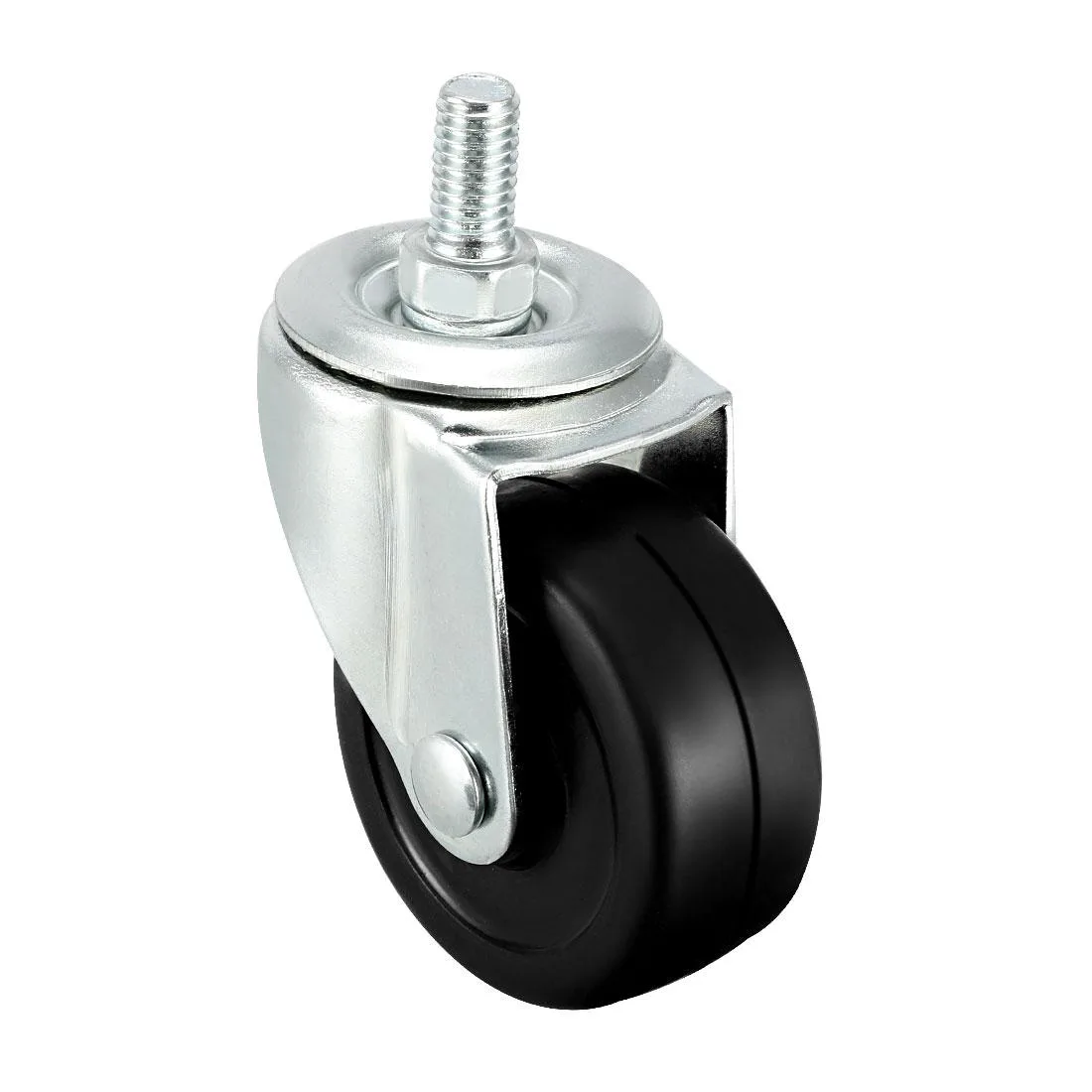 Eight black 2 inch solid rubber swivel casters with M8 x 15mm threaded stems