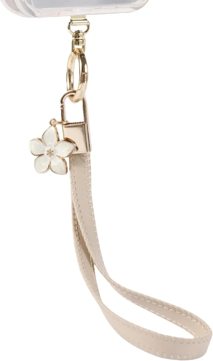MCHOSE leather wrist strap with floral charm and rose-gold ring