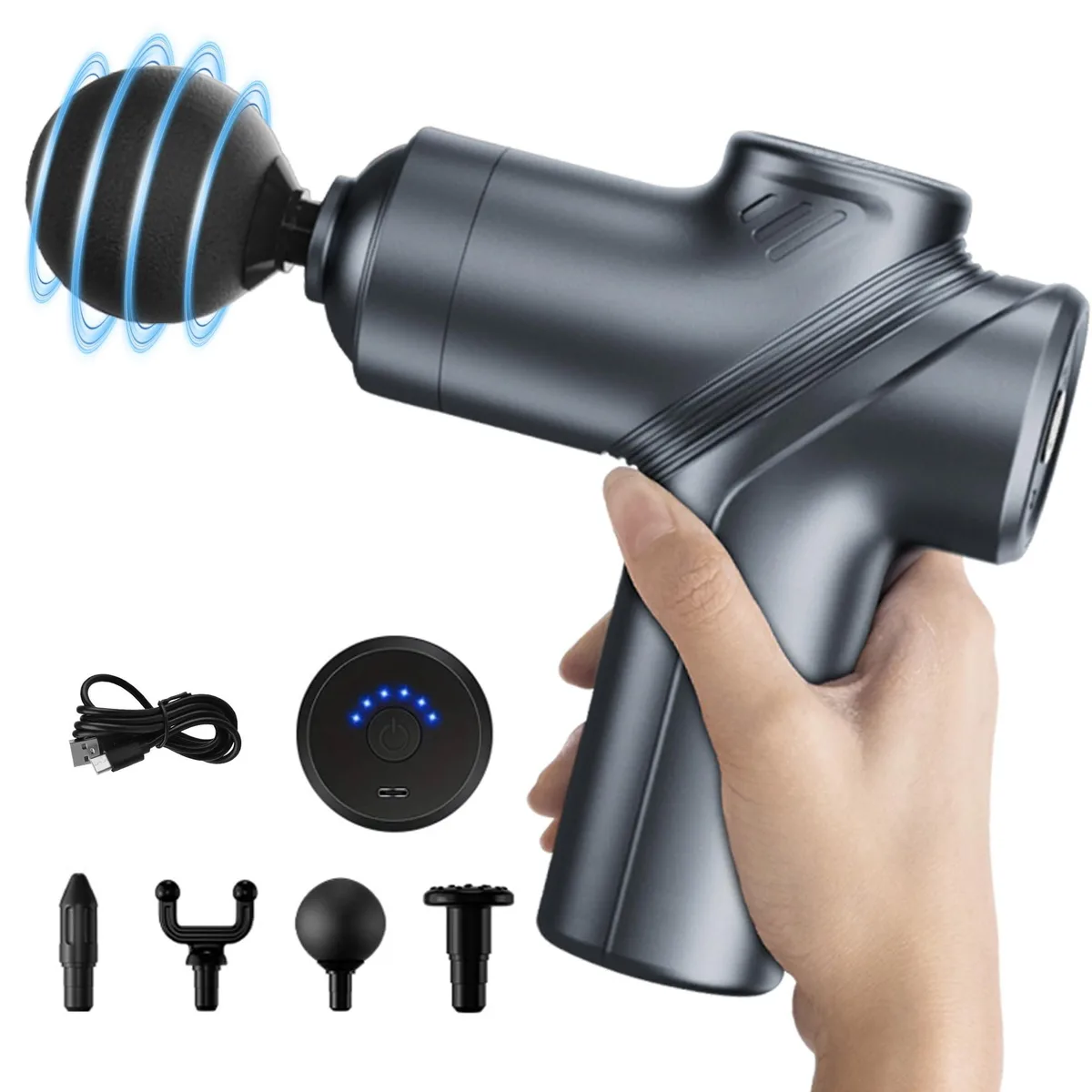 Blue handheld massage gun with rounded grip and four interchangeable heads