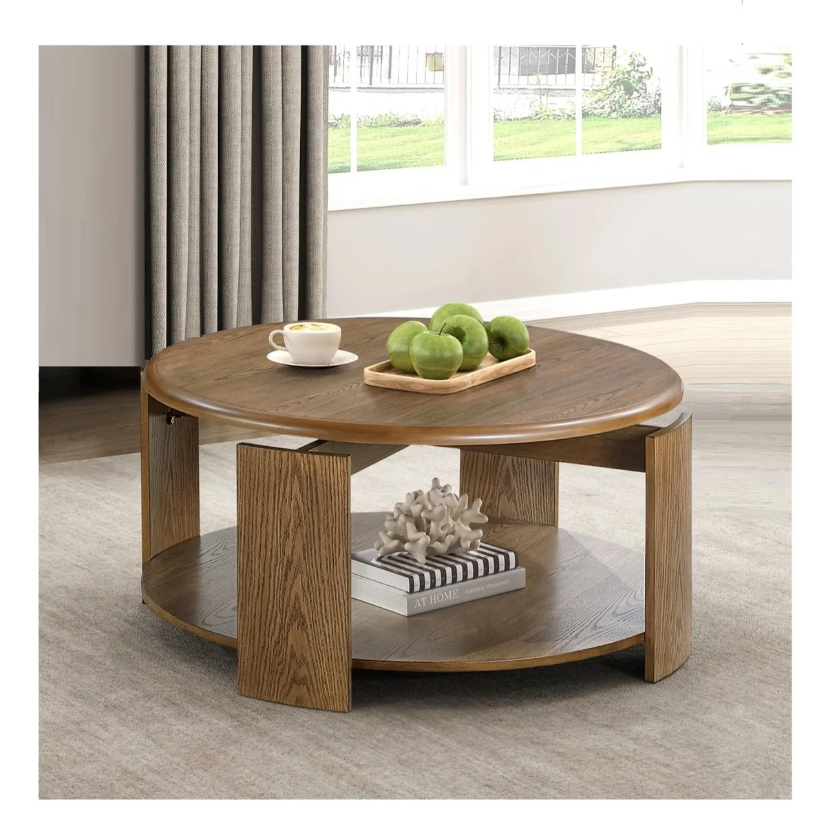 Brown round coffee table with swivel top open shelf and casters