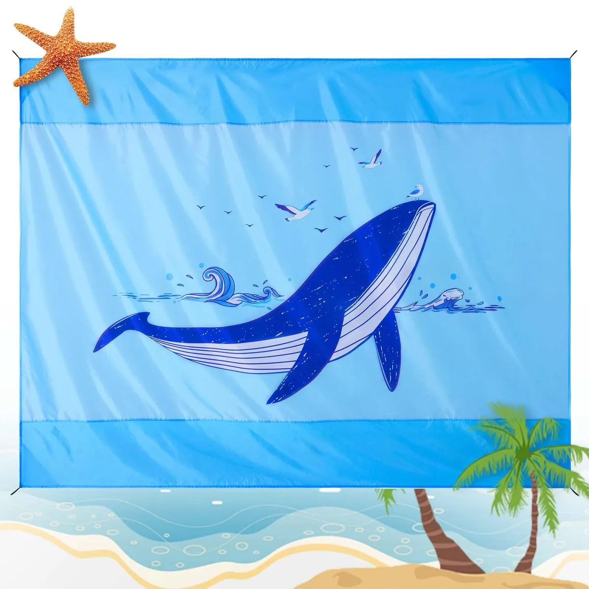 Blue whale print picnic blanket folded flat showing corner pockets and stakes