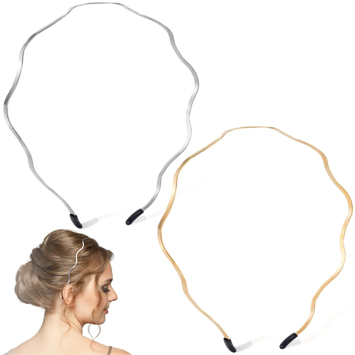 Two thin metal headbands, one gold and one silver, wavy shape with protective tips
