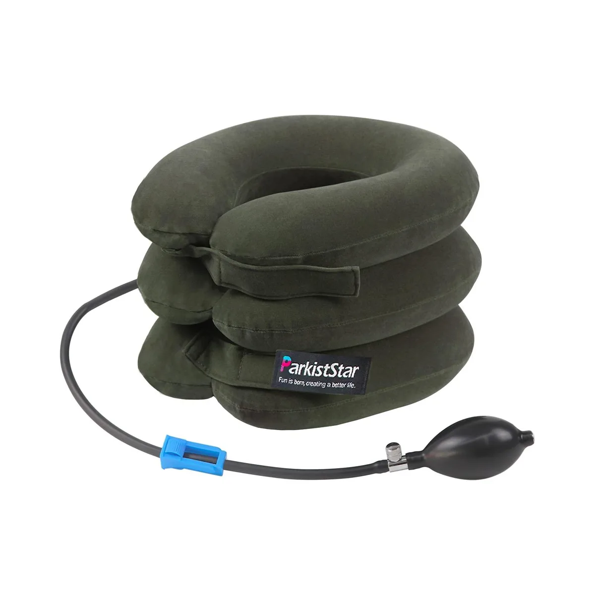 Inflatable cervical traction brace, soft flocked fabric, ergonomic curved shape