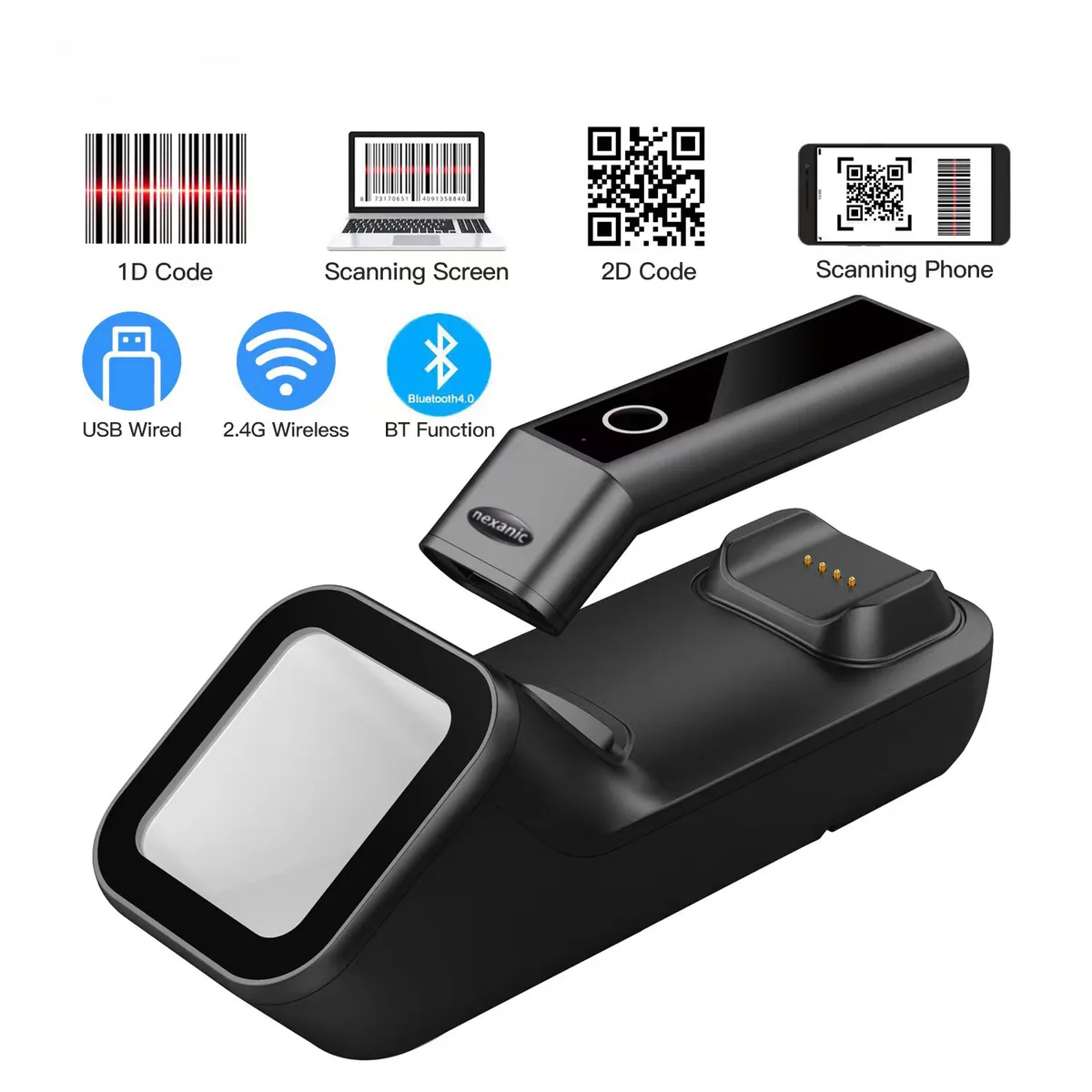 Nexanic Nexanic R50 2D barcode scanner with 2.4 GHz, Bluetooth, USB and charge base — product photo
