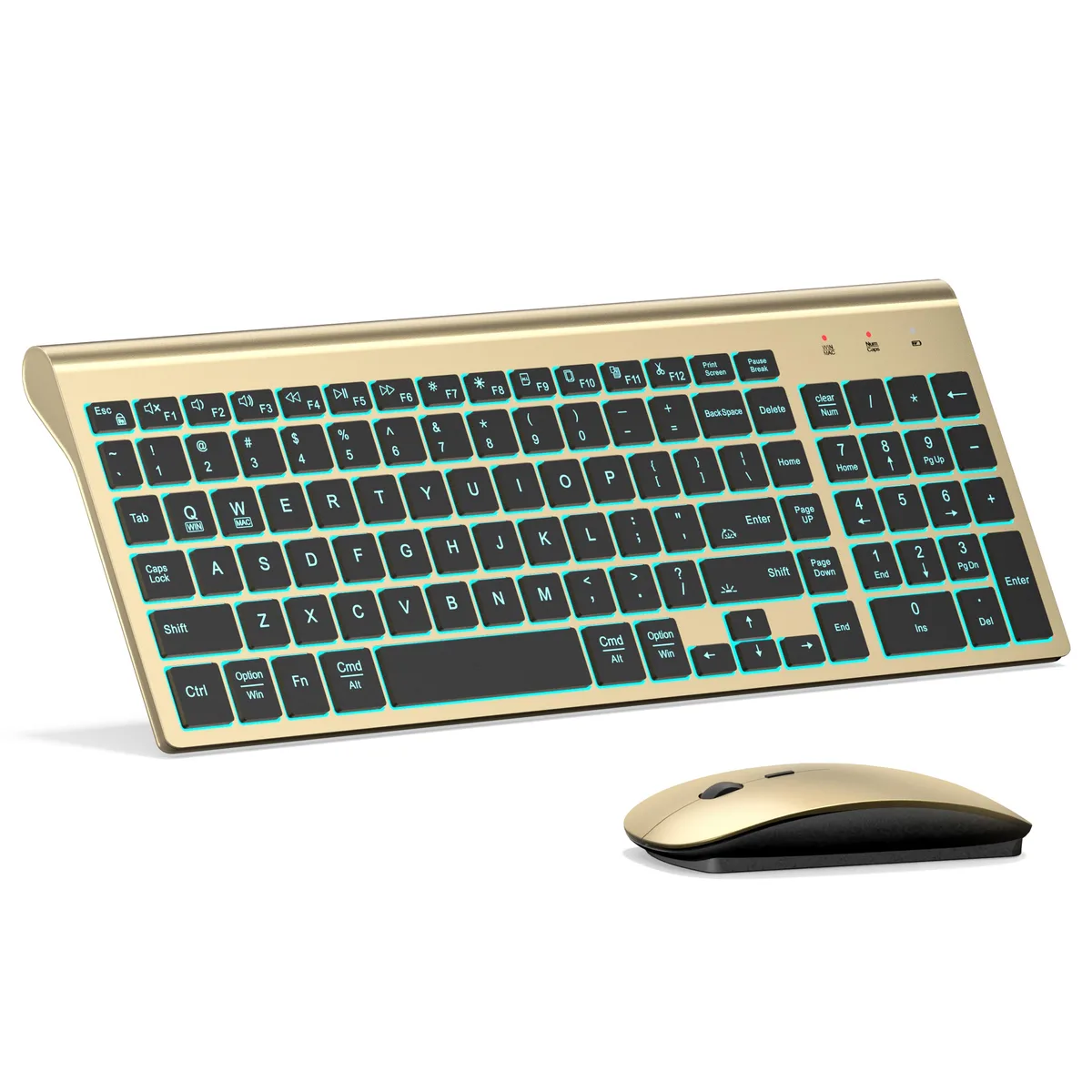 Ultra-slim wireless keyboard and mouse set in gold and black finish