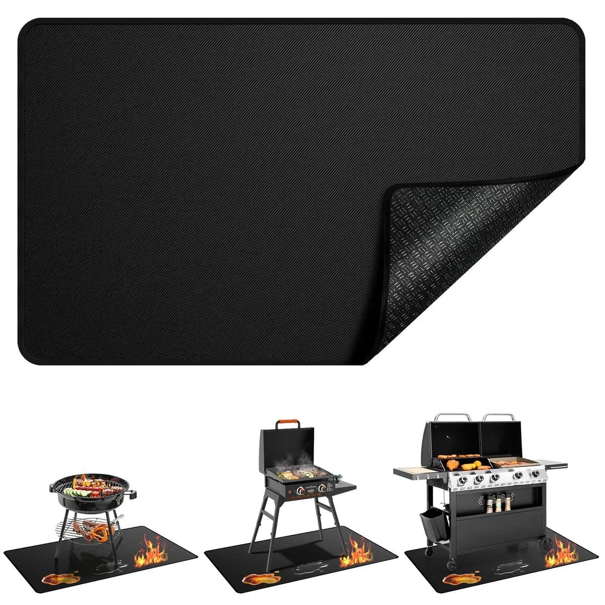 Rectangular black grill mat, 48 by 30 inches, 2mm thick with stitched edges