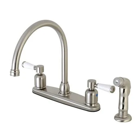 Brushed nickel centerset kitchen faucet with porcelain lever handles and matching side sprayer