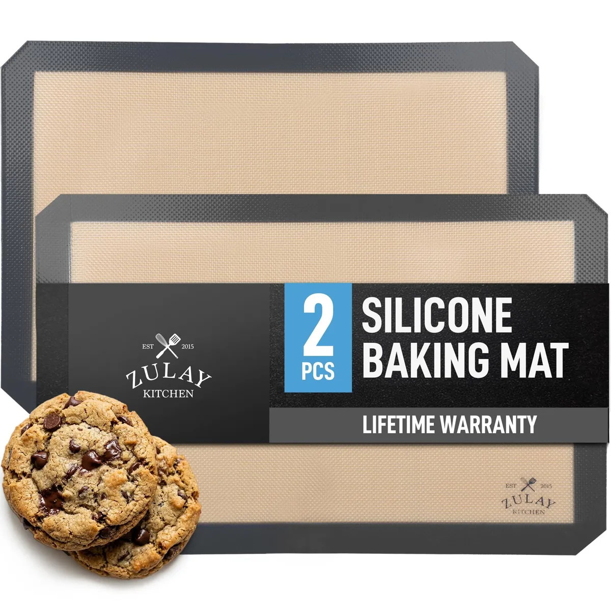 Two dark grey rectangular silicone baking mats with non-slip borders
